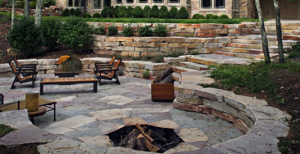 Chilton landscape stone pavers flagstone - wall stone steps - weatheredge outcroppings - stone fire pit - modern rustic ashlar castle stone home design - landscaping design project photo