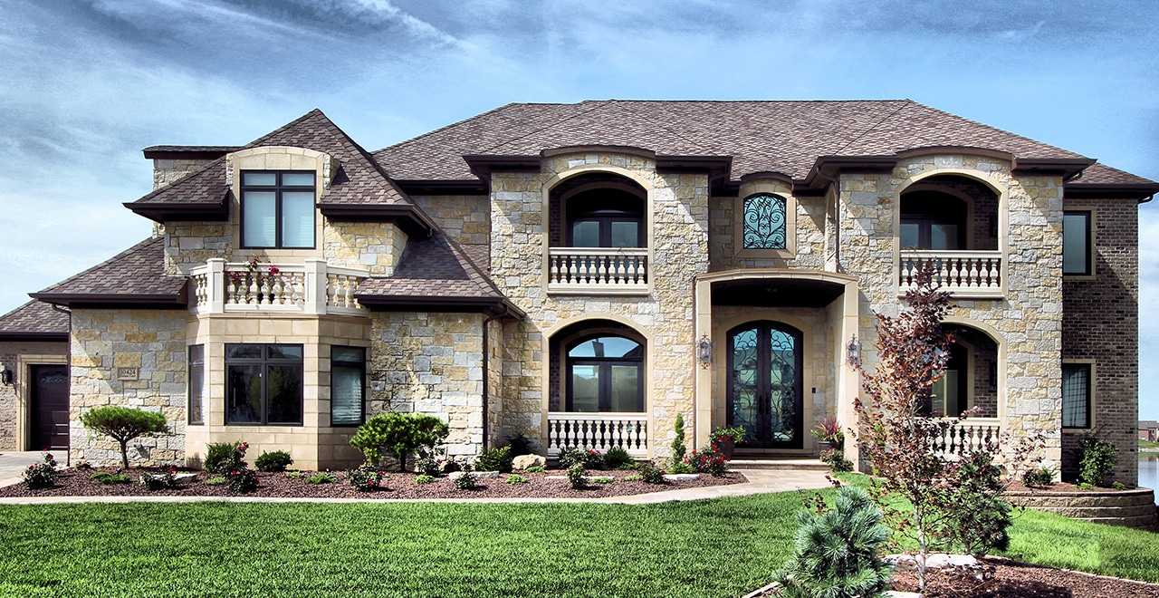 Modern French Country stone veneer exterior front porch home facade Buechel  Stone