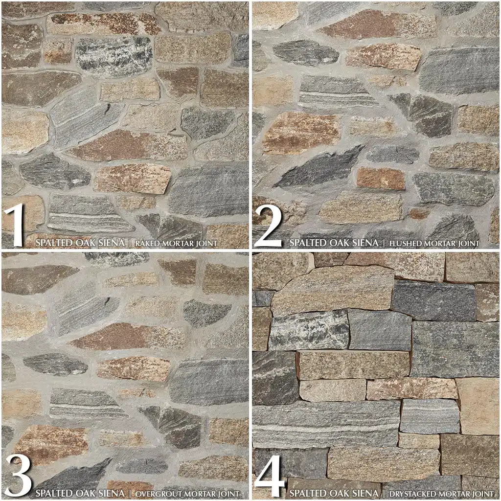 Image of stone masonry mortar joint examples: standard raked, flush, overgrout, and drystacked.