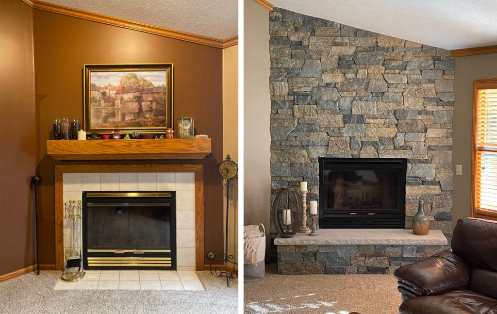 Living Room With Stacked Stone Fireplace