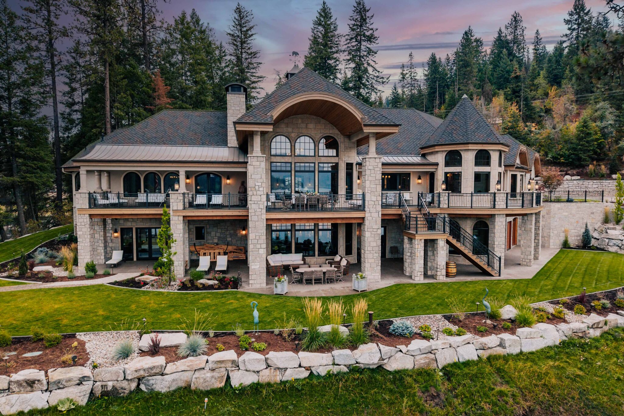 Grand backyard with several stone walls