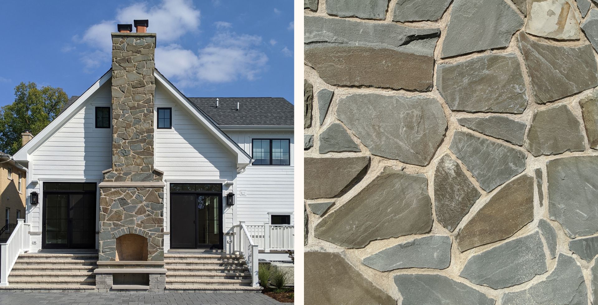Mandy Madsen uses Whispering Pines Fieldstone to add color to the outdoor fireplace of this Modern Craftsman style home.